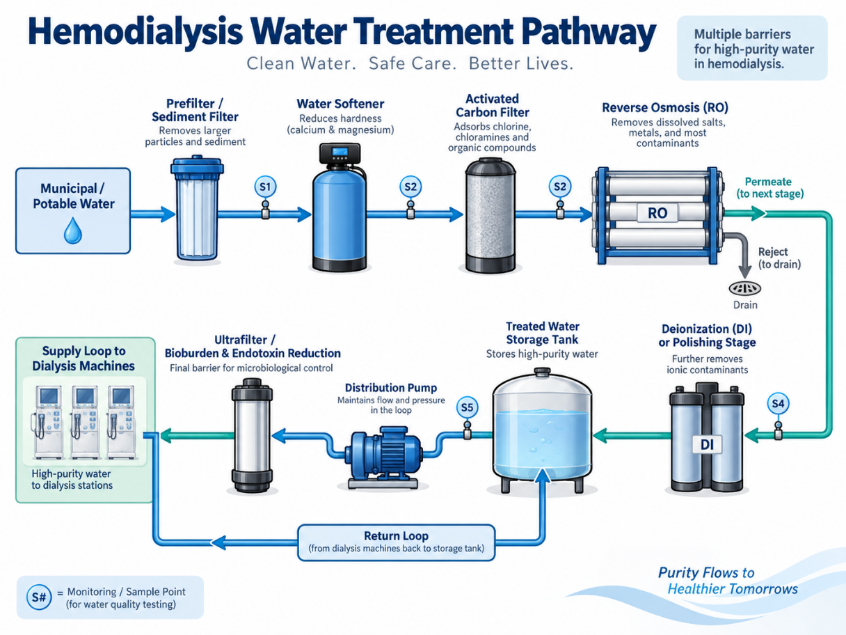 Illustration of a multistage dialysis-water treatment system
