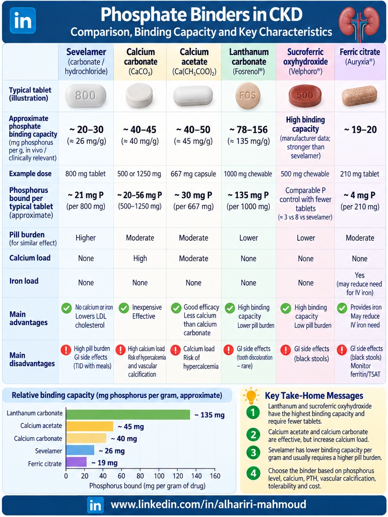 Englische Vergleichstabelle zu Phosphatbindern bei CKD mit Bindekapazität, Dosierung, Vor- und Nachteilen